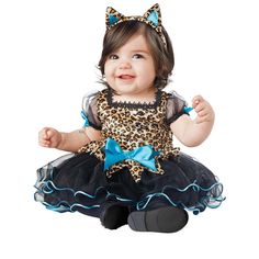 Your little one can become the most adorable kitty cat of all time! This Lovable Leopard Costume for infants costumes with a velour dress that has a leopard print pattern all over it. It also has plenty of light blue ribbon details along the sleeves and skirt. The sleeves and skirt are made out of a puffy mesh. Finally, the costume comes with a cat ears headband to finish the whole costume off! Kitten Costume, Baby Animal Costumes, Cinderella Halloween Costume, Infant Costume, Leopard Costume, First Halloween Costumes, Ladybug Costume, Leopard Print Headband, Butterfly Costume