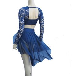 a mannequin wearing a blue dress with sheer lace