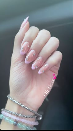 Pink French Rhinestone Nails, Light Pink French Tip With Rhinestones, Colorful Nails With Rhinestones, Pink French Acrylics, Acrylics With Rhinestones, Valentines Pink Nails, Pink Rhinestone Nails, Wedding Gel Nails, Nail Tattoos