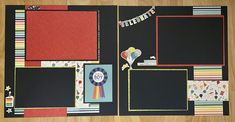 an open scrapbook with many different items on the page, including balloons and ribbons