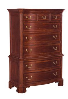 a wooden dresser with many drawers on it's sides and gold handles, against a white background