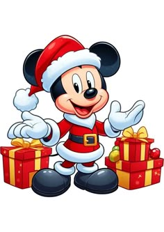 a cartoon mickey mouse wearing a santa claus hat and holding two presents in his hands