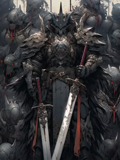 a knight with two swords standing in front of a large group of demonic creatures behind him