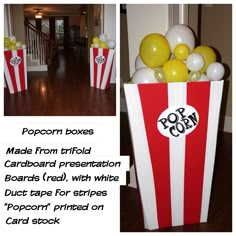 popcorn boxes made from cardboard presentation boards real, with white duct tape for strips popcorn on card stock