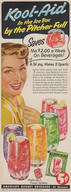 an advertisement for kool - aid in the pacific ball, with a woman holding a drink