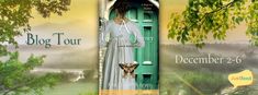 a woman in a white dress is standing on a green door with the words blog tour written across it