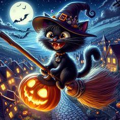 a black cat wearing a witches hat and holding a broom on top of a pumpkin