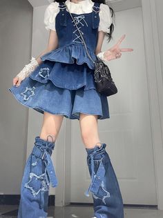 Denim Suspenders, Skirt Top Set, White Shirts Women, Skirt Denim, 가을 패션, Fancy Outfits