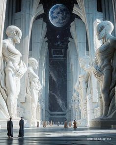 some statues are standing in the middle of a large building with a full moon behind them