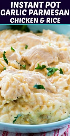 chicken and rice casserole in a blue bowl