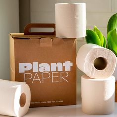 three rolls of toilet paper sitting on top of a table next to a brown box