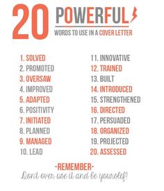 an orange and white poster with the words 20 powerful words to use in a cover letter