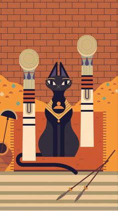 an egyptian cat sitting in front of two lamps and some other items on the ground