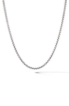 A polished box chain necklace made from sterling silver adds subtle shine to your neckline. Lobster clasp closure Sterling silver Made in the USA Classic Sterling Silver Chain Necklace, Classic Box Chain Necklace, Classic White Gold Chain Necklace With Polished Finish, Sterling Silver Box Chain Necklace In White Gold, Formal Sterling Silver Box Chain Necklace, Classic Sterling Silver Chain Necklace With Solid Link, Classic White Gold Box Chain Necklace, Mens Chains Silver Men Necklace, David Yurman Mens Necklace