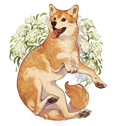 a drawing of a dog sitting in front of some flowers with its tongue hanging out