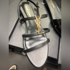 100% Authentic Brand New In Box Ysl Black Gold Hardware Ysl Flats, Red Platform Heels, Shoes Ysl, Ysl Sandals, Yves Saint Laurent Shoes, Ysl Shoes, T Strap Heels, Flats Sandals, Leather Platform Sandals