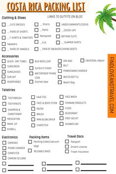 the costa rica packing list is shown with an orange and white palm tree in the background