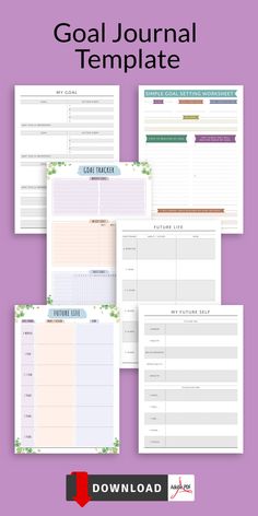 the goal journal template is shown in three different colors and sizes, with text overlaying