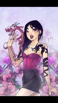 a woman with tattoos holding a dragon in front of her face and flowers behind her