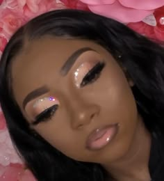 Silver Makeup Ideas For Black Women, Makeup Looks With Diamonds Black Women, Natural Face Beat Black Women, Natural Glam With Glitter, Prom Makeup Looks With Rhinestones, Natural Makeup Looks With Glitter, Natural Glam Makeup Black Women Glitter, Natural Makeup For Black Women Glitter, 17th Birthday Makeup Ideas