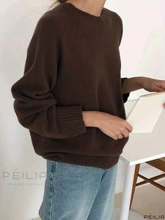 Peilia - Womens Plus Size Casual Sweater: Solid Raglan Sleeve Round Neck Pullover with Slight Stretch Brown Solid Color Crew Neck Sweater, Brown Crew Neck Sweater In Solid Color, Brown Crew Neck Sweater, Raglan Sleeve Sweater, Crop Top Dress, Casual Sweater, Women Sweaters, Plaid Blouse, Long Sleeve Short Dress