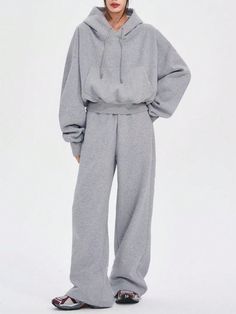 Women's Drop Shoulder Long Sleeve Hoodie And Jogger Pants Two Piece Set Grey Casual   Fabric Plain  Slight Stretch  Women Clothing, size features are:Bust: ,Length: ,Sleeve Length: Hoodie Pants Set, Two Piece Jogger Set, Jogging Set Outfit, Grey Tracksuit Outfit Women, Jogging Clothes, Sweat Set Outfits, Tracksuit Outfit Women, Gray Sweatpants Outfit, Joggers Outfit Women