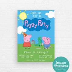 peppa pig birthday party card with an image of two peppo pigs