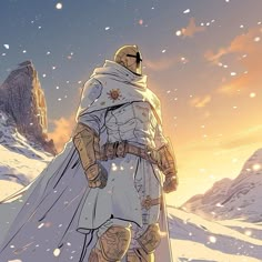 an image of a man in armor walking through the snow with mountains in the background