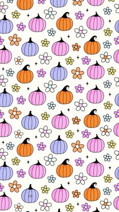 a white background with many different colored pumpkins and flowers on the bottom right corner