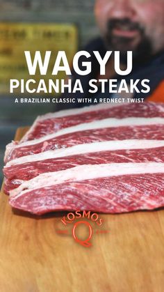 wagyu picanha steaks on a cutting board with the words wagyu picanha steaks