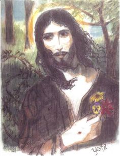 a drawing of jesus holding a flower in his right hand and looking at the camera