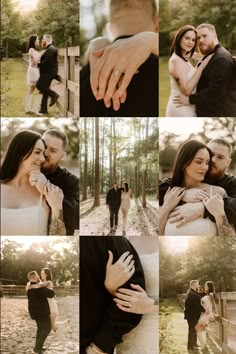 a couple is posing for pictures together in the woods with their hands on each other