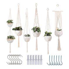 macrame plant hangers with hooks and plants in them, all hanging up