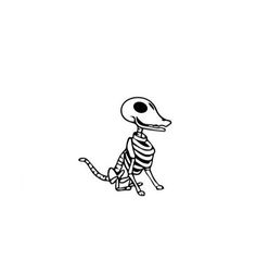 a drawing of a skeleton dog sitting on the ground with its head turned to the side