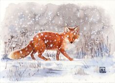 a painting of a fox in the snow