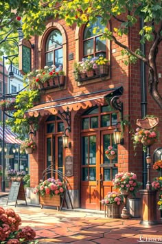 a painting of a brick building with flowers on the front and windows, along with potted plants