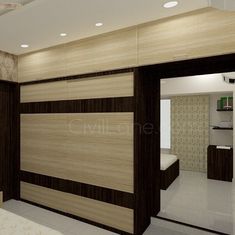 the interior of a bedroom with wood paneling on the walls