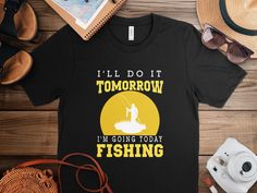 Dive into the world of angling with our "Tomorrow Fishing" T-shirt! Ideal for those who dream of serene mornings by the lake, this shirt showcases a bold graphic of an angler in action, set against a striking backdrop. Crafted for comfort and style, it's not just a piece of clothing but a statement of passion for fishing enthusiasts. The high-quality material ensures durability making it perfect for outdoor adventures. Whether it's for a casual day out, a fishing trip, or just lounging at home, Fisherman Clothing, Fishing Graphic, Funny Fishing Shirts, Fish Graphic, Funny Fishing, Fisherman Gifts, Fishing Girls, Fishing Humor, Fishing T Shirts