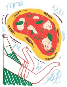 a drawing of a person sitting in front of a pizza