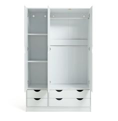 an open white cabinet with drawers on both sides