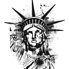 the statue of liberty is drawn in black and white ink on a white paper background