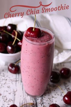 cherry chia smoothie with cherries in the background