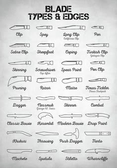 some type of knifes that are in different styles and sizes, with the words blade types