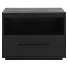 a black night stand with two drawers on one side and an open drawer on the other