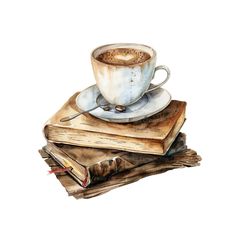 a cup of coffee sitting on top of two books