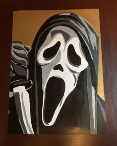 Ghostface Acrylic Painting, Canvas Drawings Halloween, Ghost Face Acrylic Painting, Grim Reaper Painting Acrylic, Painting Ideas On Canvas Edgy, Michael Myers Painting Canvases, Scream Face Painting, Horror Characters Painting, Horror Movie Painting Ideas