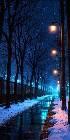 a snowy night with street lights and trees