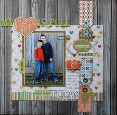 a scrapbook page with an image of two people in front of a wooden fence