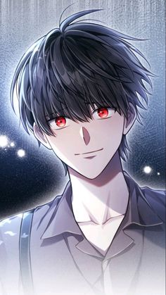 an anime character with red eyes and black hair