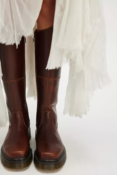 Dr. Martens Amaayah Hi Boots | Free People UK Dr Martens Knee High Boots, Brown Tall Boots Outfit, Brown Dr Martens Outfit, Brown Free People Boots, Doc Martens Brown Boots, Tall Briwn Boots, Vintage Brown Ankle-high Martin Boots, Slouchy Jeans, Brown Leather Boots